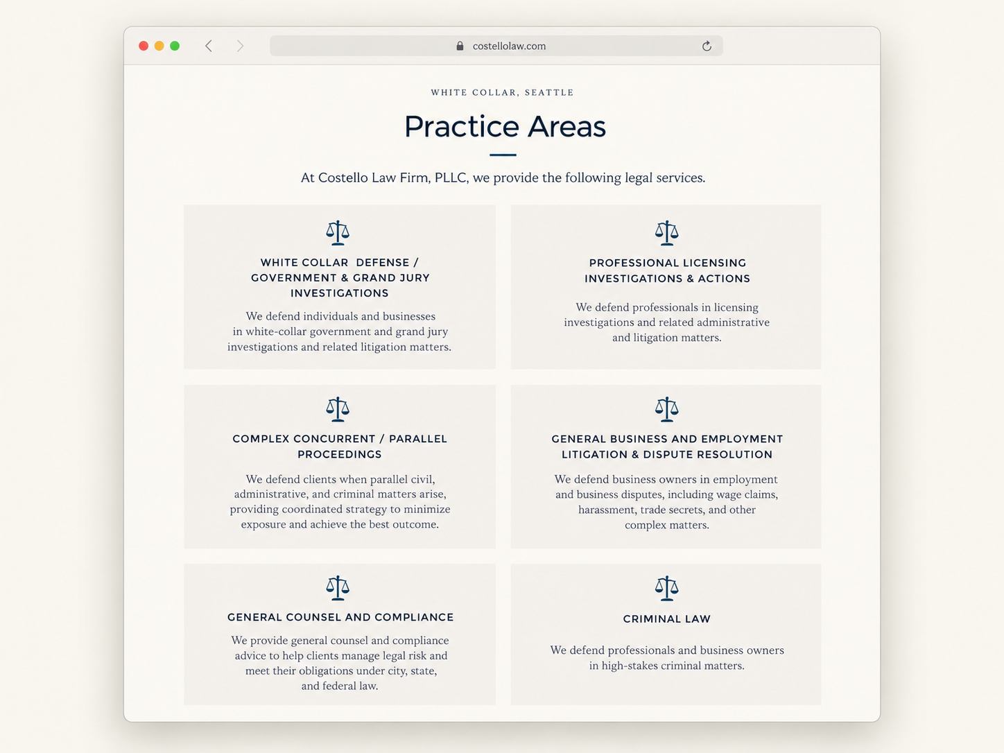 The former Costello website's Practice Areas page: centered category cards for white-collar defense and professional licensing, each with a scales icon and dense descriptive text